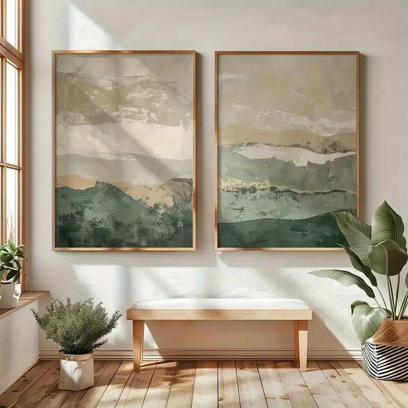 Abstract Canvas Set - 2 ชิ้น/เซ็ต วาบิ ซาบิ ภาพพิมพ์บนผ้าใบลายเรขาคณิตนามธรรม ลายภูเขาสีเขียว