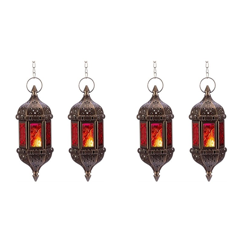 Candle Holder Decor - AB34-4 ชิ้น ที่ใส่เทียนตะเกียงโมร็อกโกทรงหกเหลี่ยมแบบแขวน ตกแต่งสวยงาม ทำมือ สำหรับใส่เทียนทีไลท์