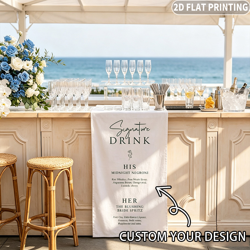 Table Runner - ผ้าปูโต๊ะงานแต่งงานแบบสั่งทำ 1 ชิ้น, ออกแบบได้ตามใจชอบ, ผ้าหรูหราพร้อมป้ายชื่อและป้ายเครื่องดื่ม, ของตกแต่งโต๊ะงานเลี้ยงฉลองก่อนแต่งงาน
