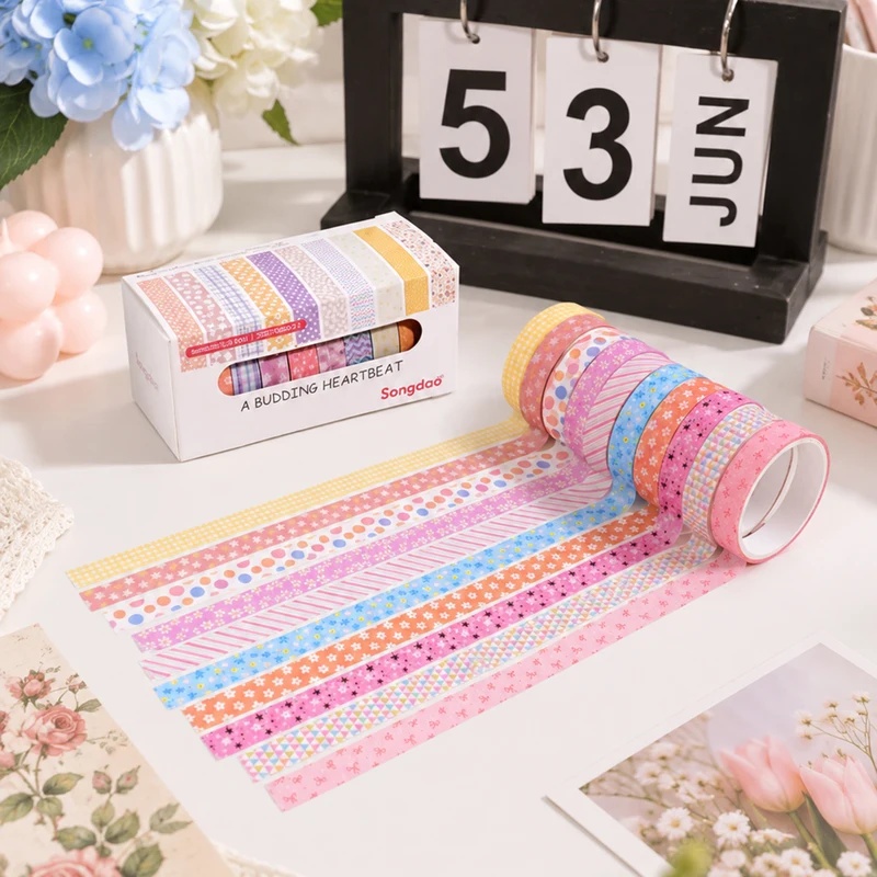 Wall Sticker - เทปวาชิลายดอกไม้สีพาสเทล 10 ม้วน ขนาด 8 มม.